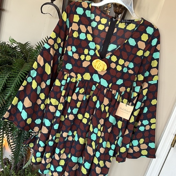 Brand New Unique Vintage Smak Parlour Brown Yellow Geometric 70s Mod Dress - Picture 7 of 15